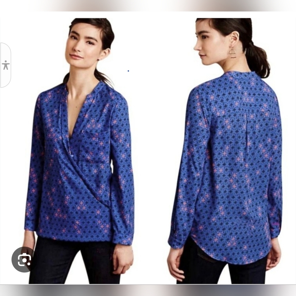 Maeve Blue Long Sleeve Wrap Blouse - Picture 1 of 4